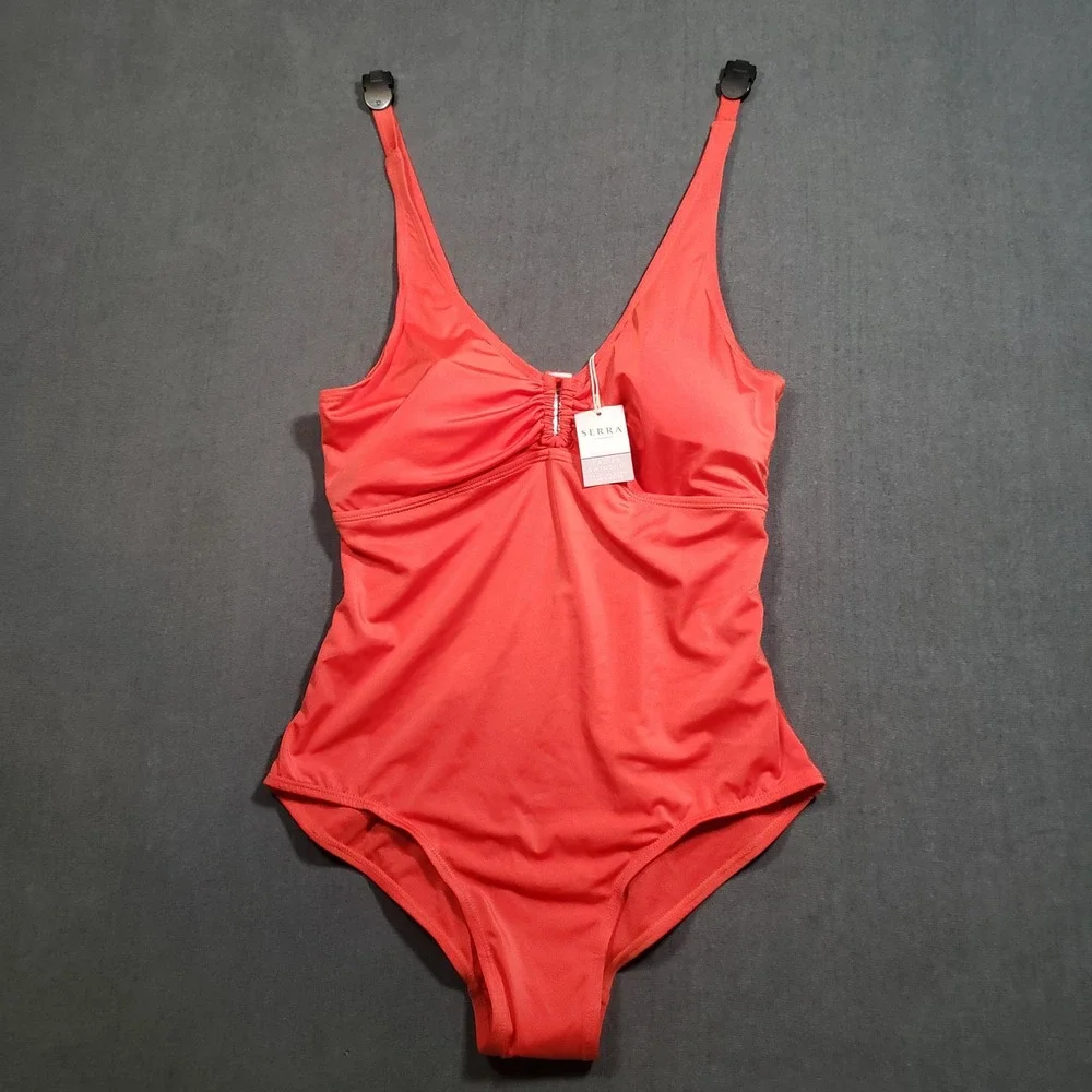 Serra One Piece Swimsuit Womens Size L Coral Orange Ruched V-Neck Adjustable‎
